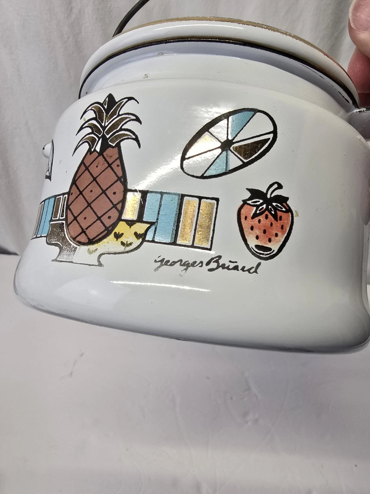 Georges Briard AMBROSIA PINEAPPLE Enamelware Teapot, Vintage