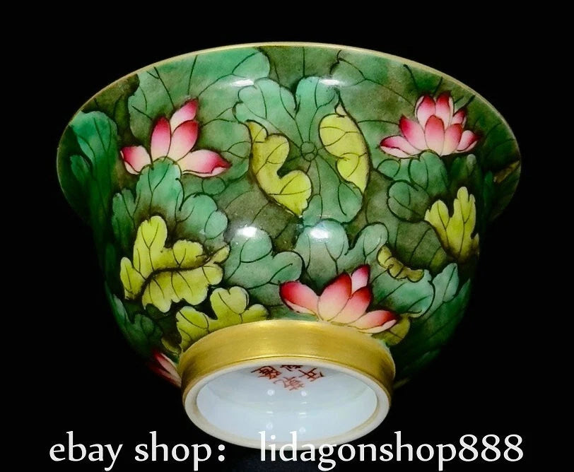 5" Qianlong Marked Enamel Porcelain Lotus Flower Leaf Pattern Lid Cup Plate Set
