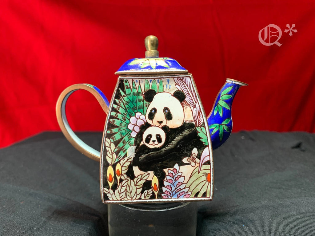 John Clementson Miniature Brass and Enamel Teapot with Panda