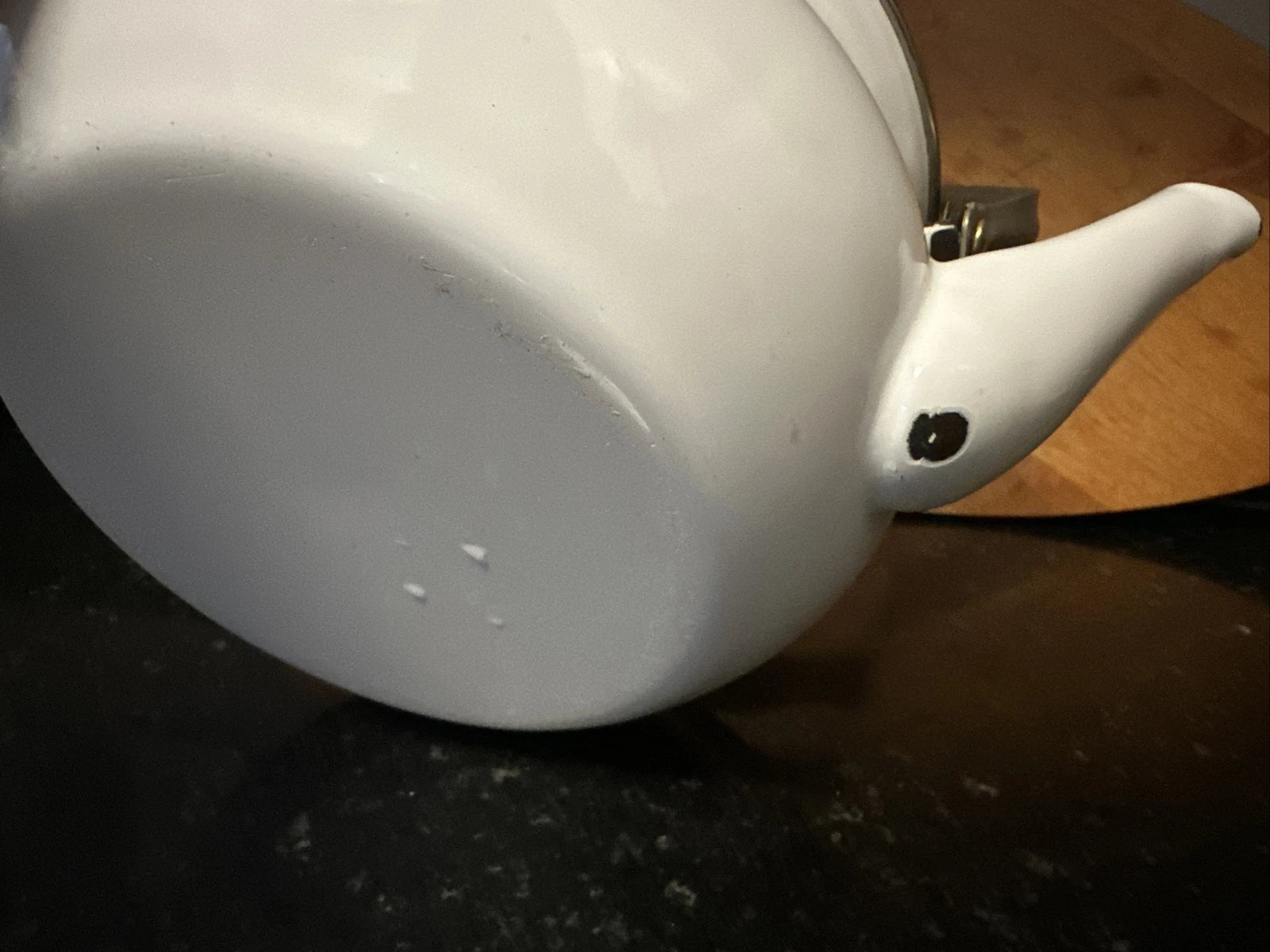 White Enamel Tea Kettle With Floral Design With Wooden Handle Farm Cottagecore