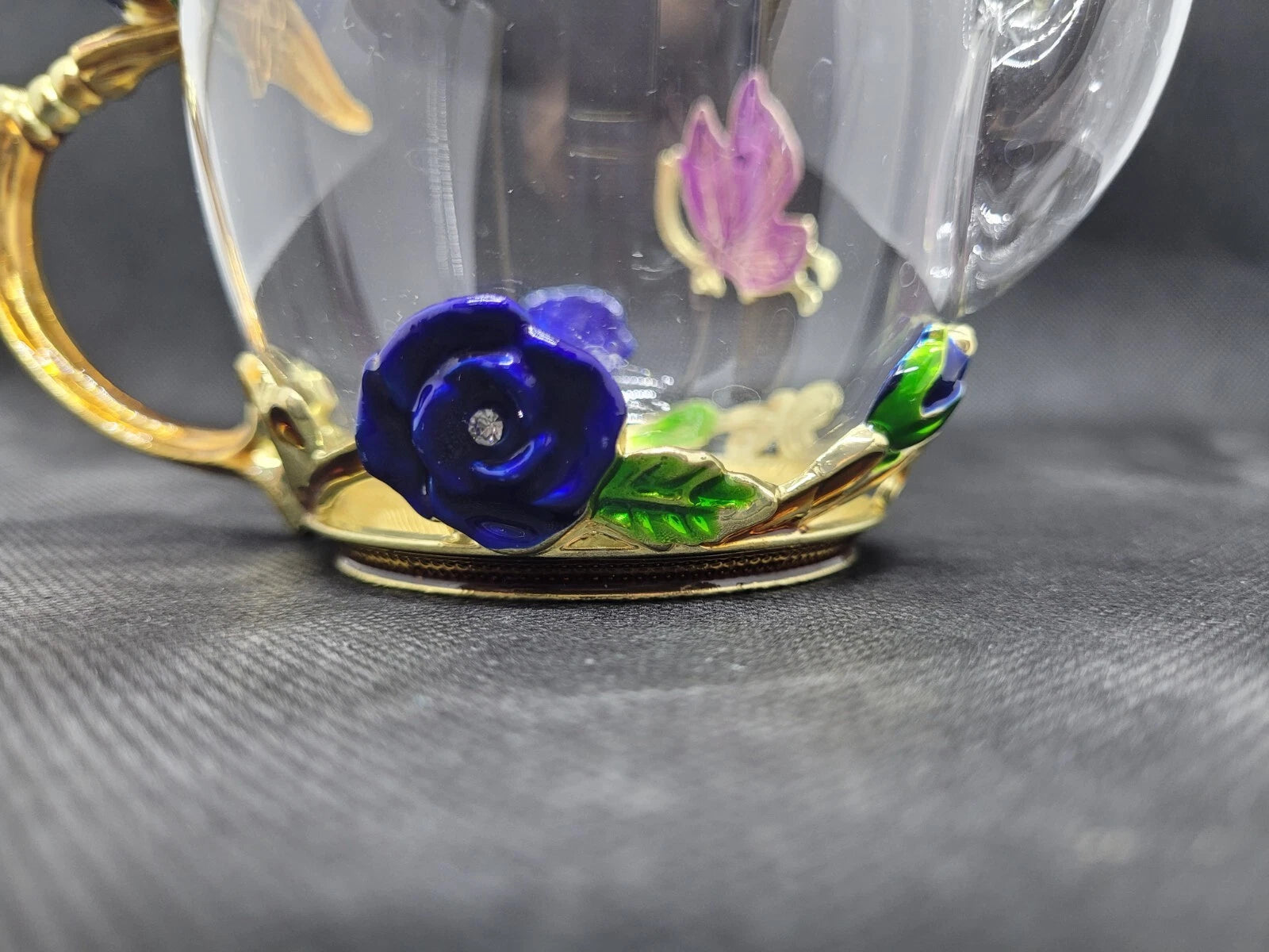 Teffania Teapot Handcrafted Crystal Glass W Blue Roses And Rhinestons 12 OZ  A12