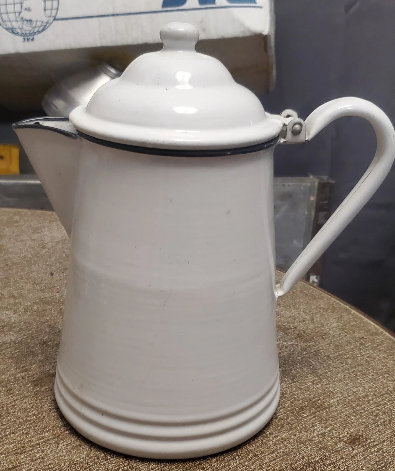 Graniteware Teapot White with Black Trim Enamelware Coffee Pot Vintage