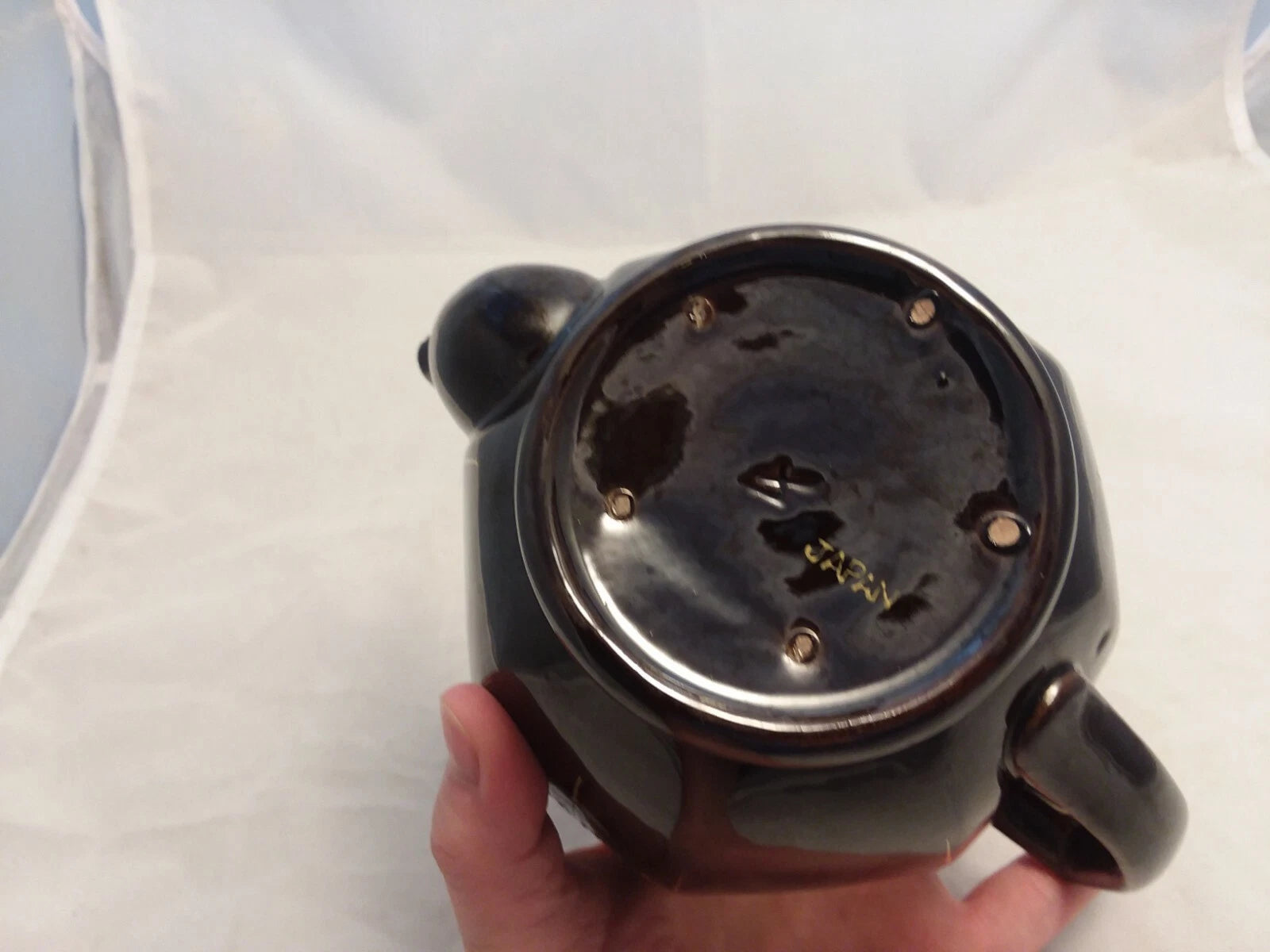 Japan Vintage Black Glazed Tea Pot Hand-painted Design Flowers Gold Trim Hexagon