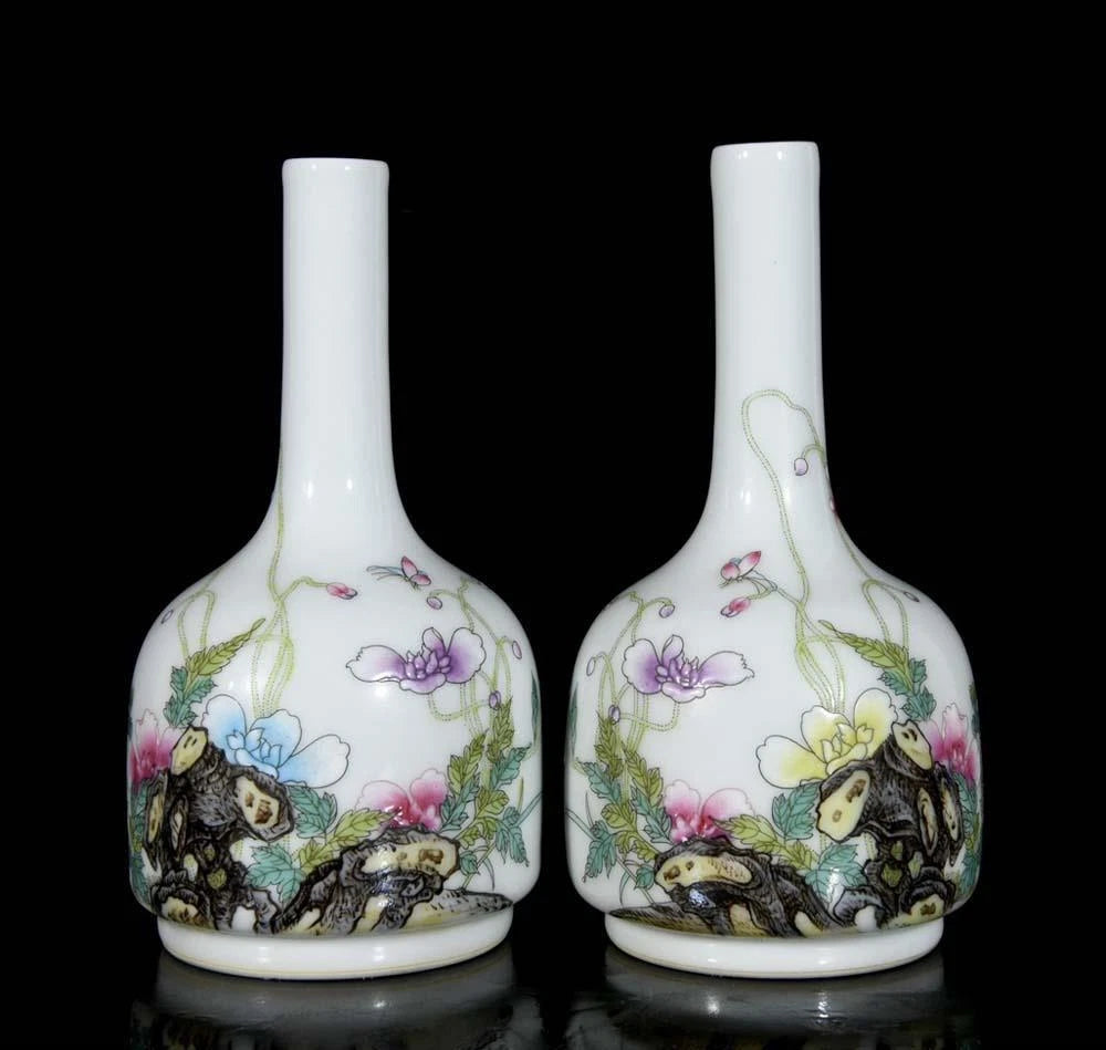 Qianlong Signed Pair Old Chinese Colour Enamel Vase W/flower N3582