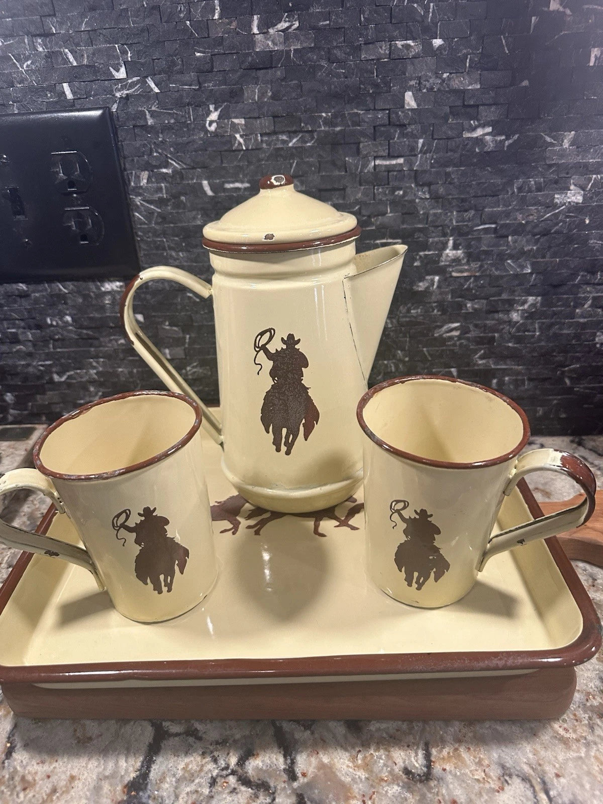 Vintage Cowboy Enamelware Coffee Pot Cups & Tray Set Western Creative Co-Op