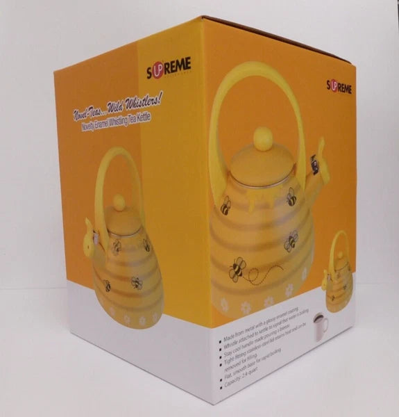 Supreme Novelty Enamel 2.4 Quart Whistling Stovetop Tea Kettle, Bee Hive *NEW*