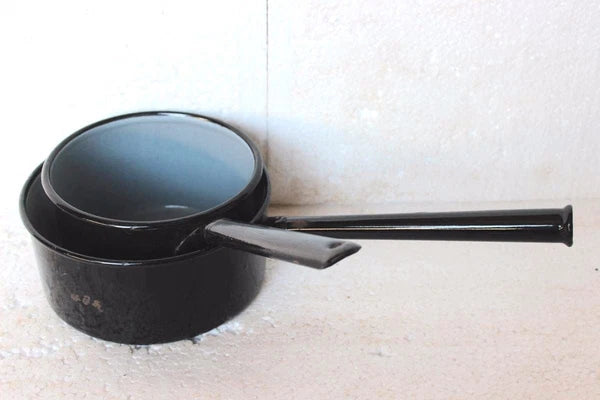 2 Pc Enamel Tea Pot Old Vintage with Handle Kitchenware Collectible