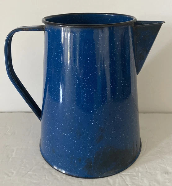 Enamelware Coffee Pot Blue White Speckled With Handle And Spout 8” Tall X 8”
