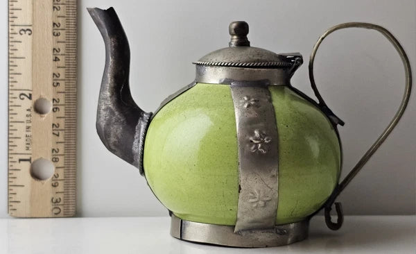 Vintage Moroccan Green Ceramic Ornate Metal Overlay Decorative Small Teapot VTG