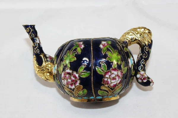 Miniature Cobal Blue Enamel Gilded Cloisonne Colorful Floral Teapot no Lid Cute