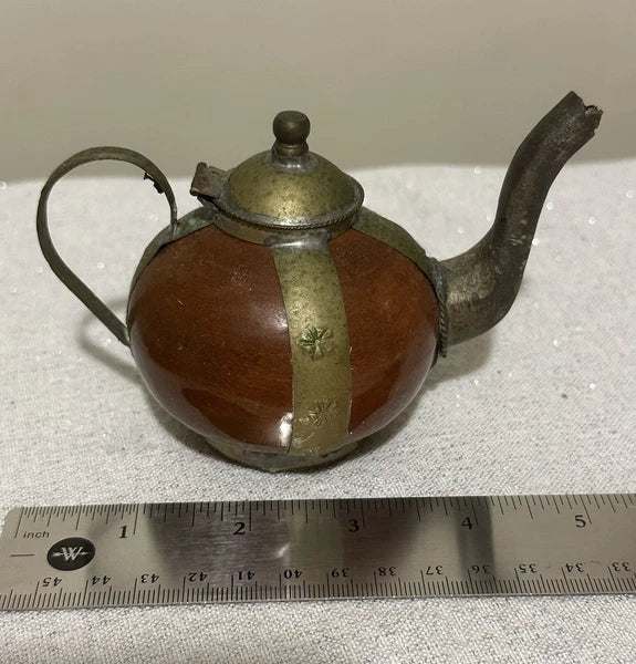 Vintage Moroccan Burnt Sienna Ceramic Ornate Brass Overlay Decorative Sm.Teapot