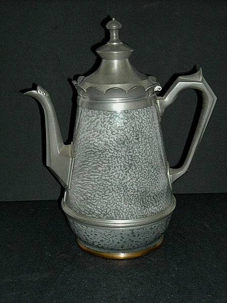Excellent Early (1890 - 1905) Tall Grey Graniteware Teapot - Pewter Trimmed