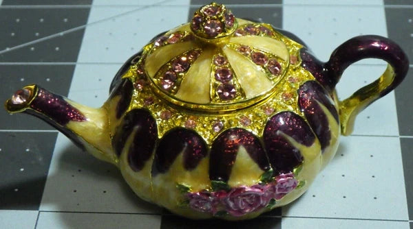 beautiful teapot trinket pill box enamel pink rhinestone roses lidded heavy