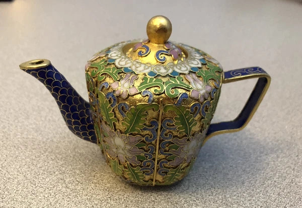 Vintage Cloisonne Enamel and Bronze Floral Teapot Blue Tip, White Top
