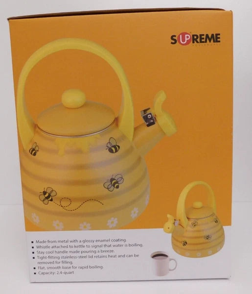 Supreme Novelty Enamel 2.4 Quart Whistling Stovetop Tea Kettle, Bee Hive *NEW*