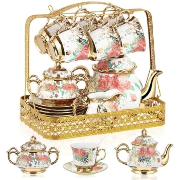 22 Pcs Gold Plated Vintage Floral Porcelain Tea Set for Adults with Me