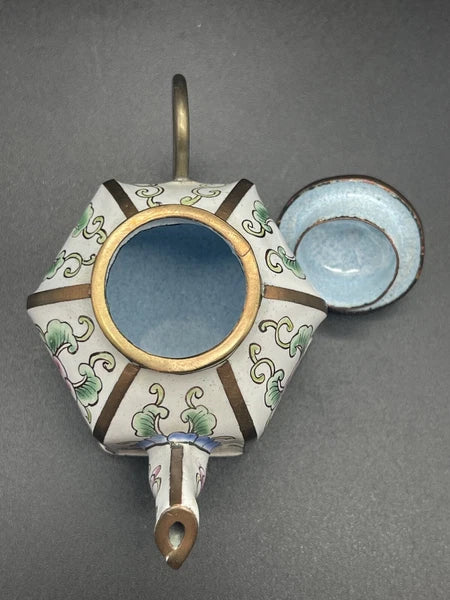 Chinemel B. Yee Enamel On Copper Miniature White Teapot W/Floral