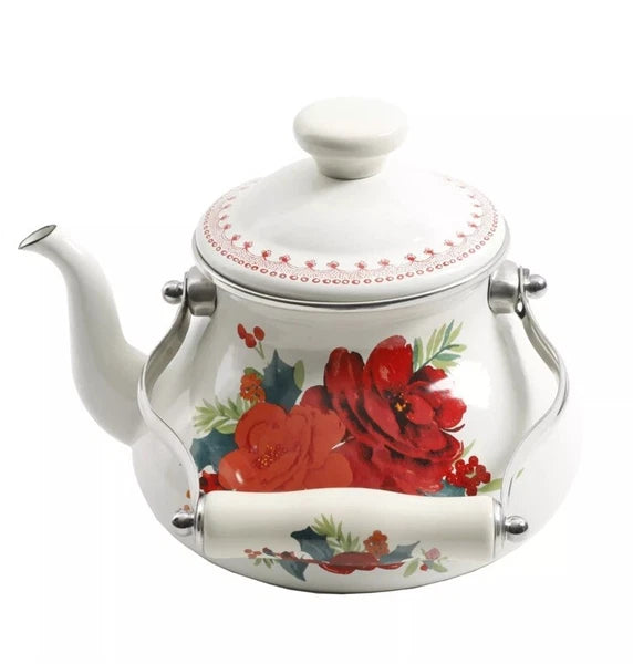 Pioneer Woman 1.9 Quart Tea Kettle Enamel on Steel Cheerful Rose Floral Design-2