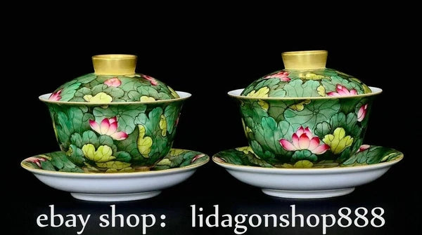 5" Qianlong Marked Enamel Porcelain Lotus Flower Leaf Pattern Lid Cup Plate Set