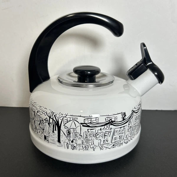 Vintage Mikasa Enamelware Parisian Scenes Whistling Tea Kettle