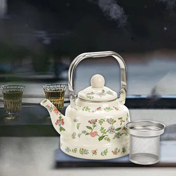 Enamel Water Kettle Coffee Pot Versatile 1.7L with Strainer with Lid Floral