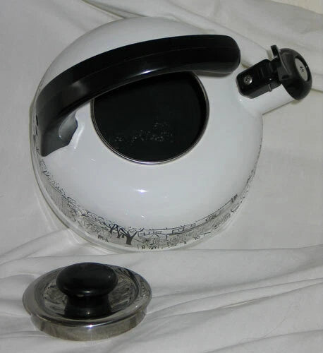 Vintage Mikasa Enamelware w Whistle Parisian Scenes Tea Kettle Paris Images EUC!