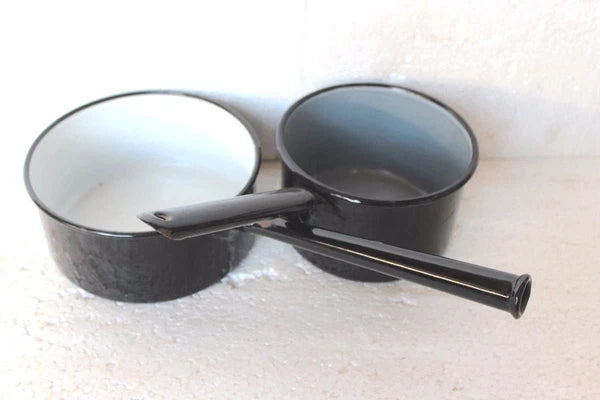 2 Pc Enamel Tea Pot Old Vintage with Handle Kitchenware Collectible