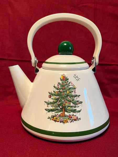 Vintage Spode Christmas Tree Enamel Teapot Kettle With Lid Good Condition