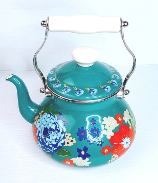Pioneer Woman Enamel on Steel Dazzling Dahlias Tea Kettle, Excellent Gently Used