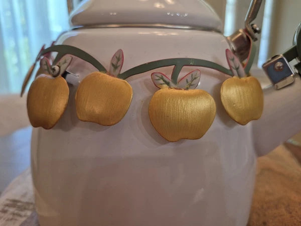 White Enamel Whistling Tea Kettle Gold Apple Garland 1999 Via Ancona