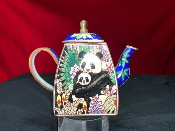 John Clementson Miniature Brass and Enamel Teapot with Panda