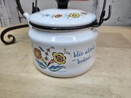 Vintage Enamel Folk Art Tea Pot With Cast Iron Stand