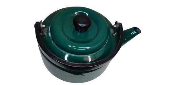 Vintage Teal Green Enamel Tea Kettle with Black Plastic Handle