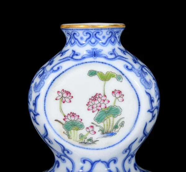 Qianlong Signed Old Chinese Colour Enamel gourd Vase W/poem N3678
