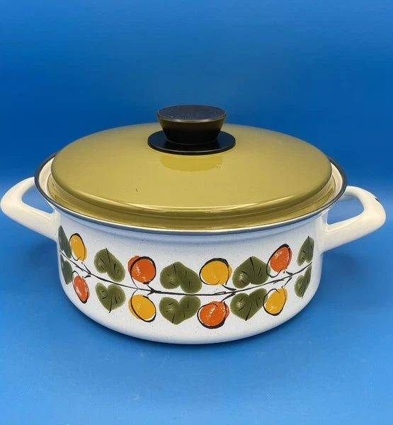 Vintage Enamel Pots and Lids Lemon Orange Leaves Austria Email MCM Set of 2