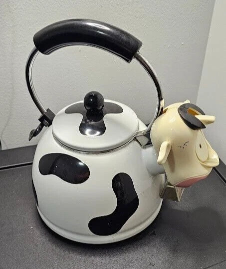 Vintage M Kamenstein Cow Tea Kettle With Bell Enamel Whistling Teapot