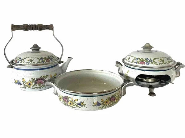 RARE SET - Vintage ASTA Enamel Cookware Teapot, Casserole Pot, & Fondue Set