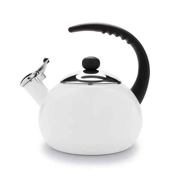 Porcelain Enamel Tea Kettle Stainless Steel Lid Bakelite Handle Stay Cool White