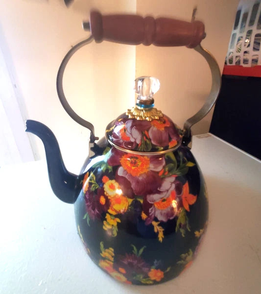 Mackenzie-Childs Black Flower Market Teapot Halloween Autumn Fall 3 QT Quart
