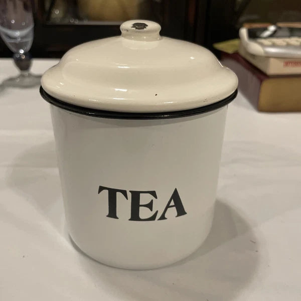 White with black Trim Enamel Ware TEA Canister, Farm House Style