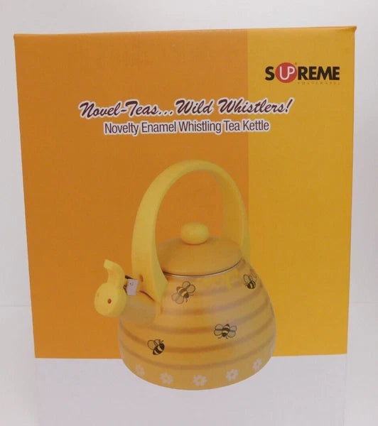 Supreme Novelty Enamel 2.4 Quart Whistling Stovetop Tea Kettle, Bee Hive *NEW*