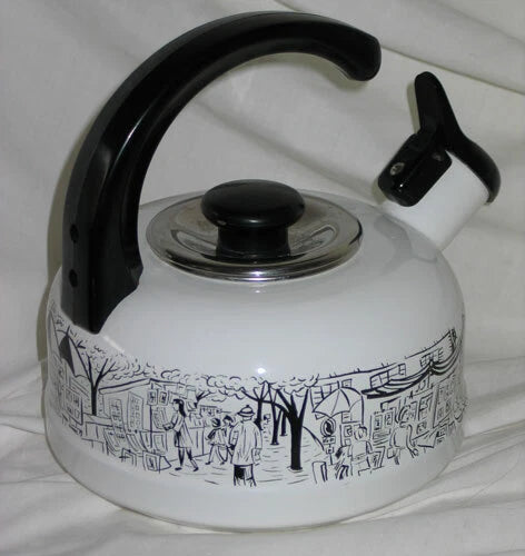 Vintage Mikasa Enamelware w Whistle Parisian Scenes Tea Kettle Paris Images EUC!