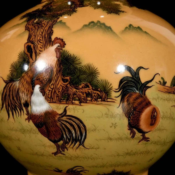 37CM Qianlong Signed Old Chinese Colour Enamel Vase W/cock N3324