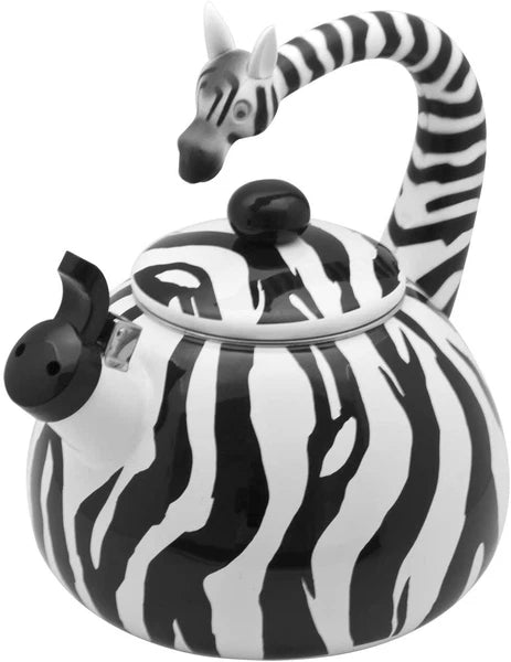 Enameled Zebra Whistling Tea Kettle, 2.3 quarts, Black/White