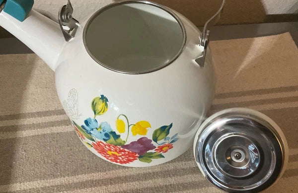 The Pioneer Woman Blooming Bouquet Whistling Tea Steel Tea Kettle White