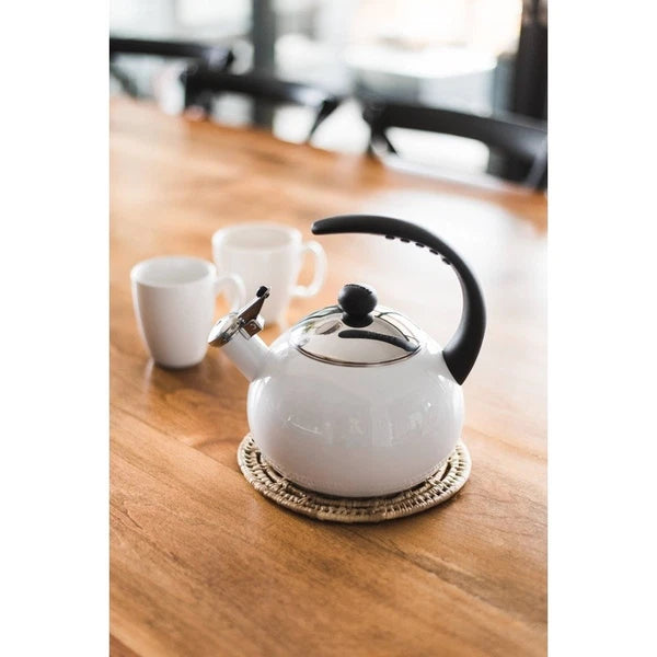 Porcelain Enamel Tea Kettle Stainless Steel Lid Bakelite Handle Stay Cool White