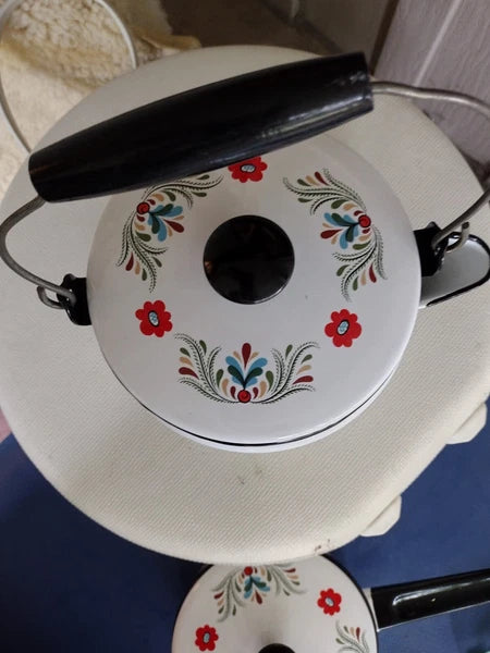 VTG White Enamelware Rosemaling Cookware 6 piece Tea pot stock pot sauce pan