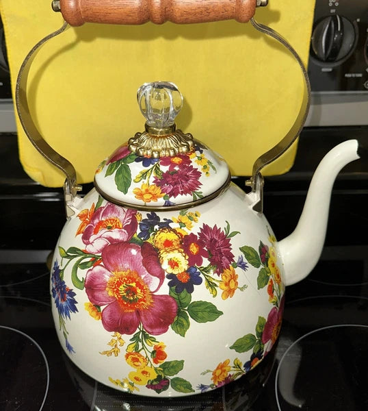 Mackenzie - Childs “White Flower Market” 3qt Enamel Tea Kettle NEW Open Box