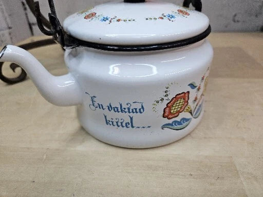Vintage Enamel Folk Art Tea Pot With Cast Iron Stand