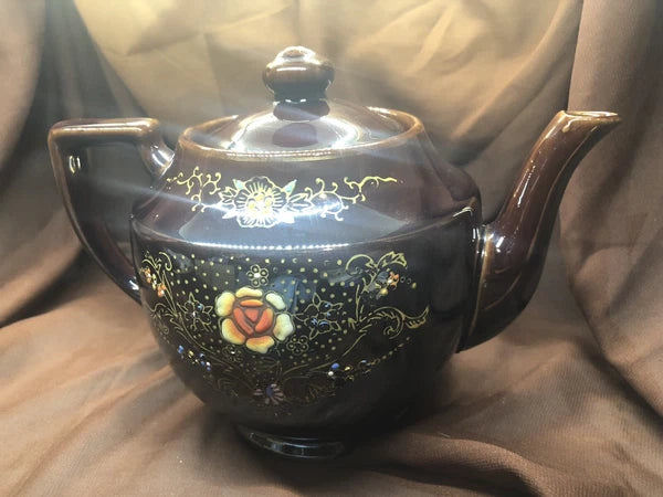 Vintag Brown Betty Tea Pot- Gold Trim Moriage Enameled Flowers, 5 1/4" Japan